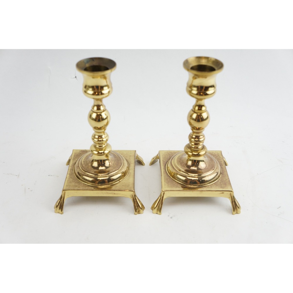 Vintage Brass Candlestick 2pc Set 5 1/2" Gold Square Footed Base Pair Good